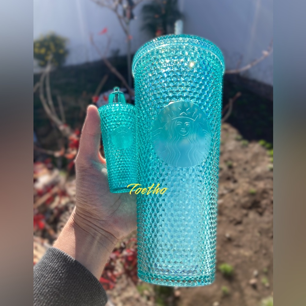 Starbucks Japan Aqua Studded Venti Tumbler with keychain ornament